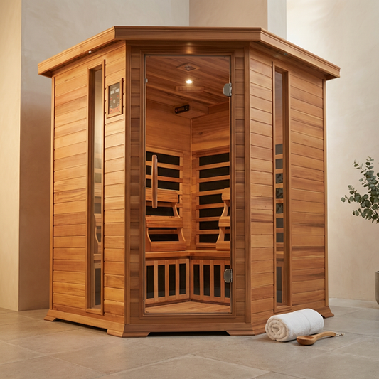 4-Person Cedar Corner Infrared Sauna — Studio Shot